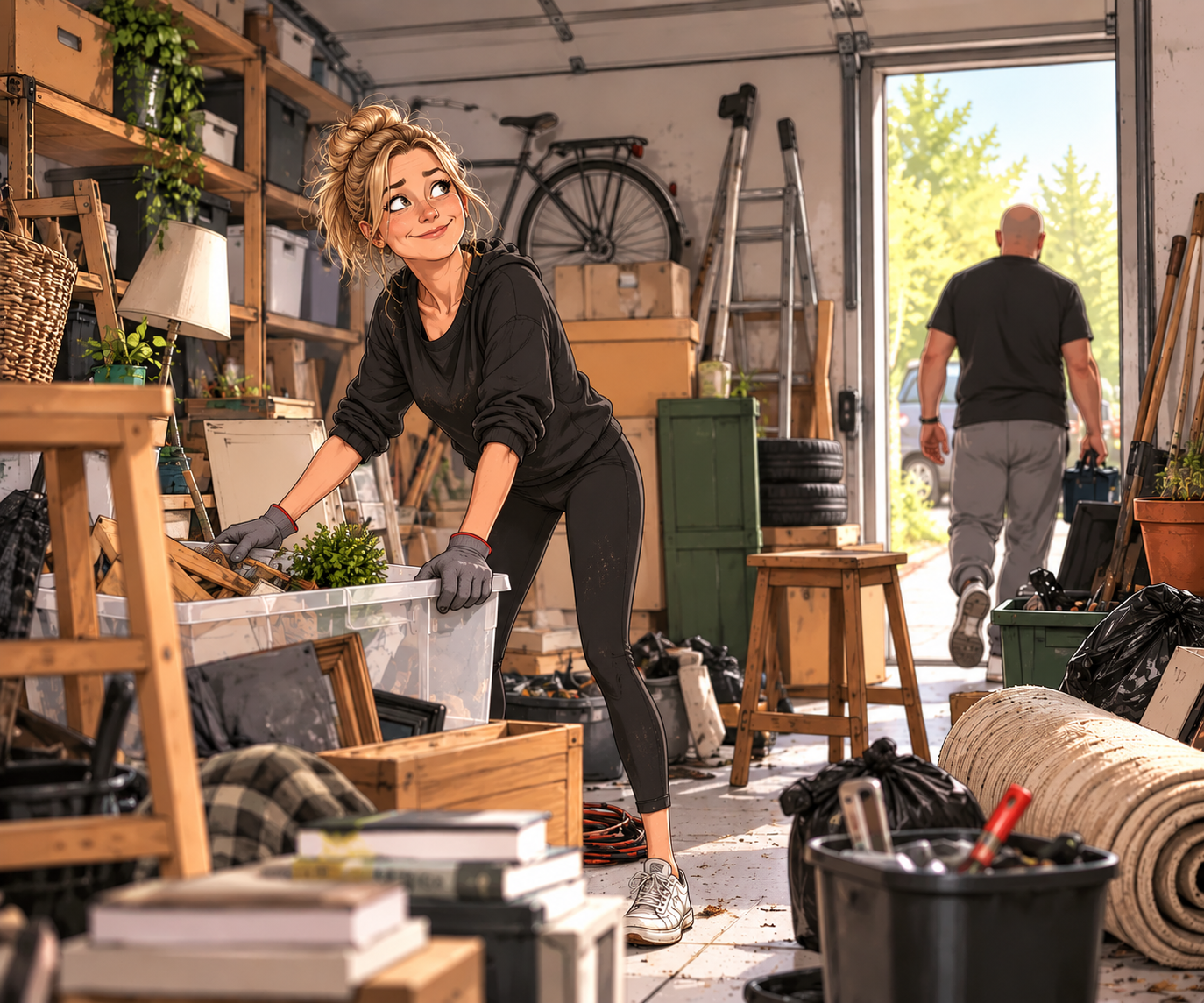 Clara sorterar saker i garaget medan hennes man går ut genom dörren.